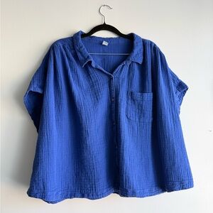 2XL Vintage Cobalt Blue Gauze Cotton Button Short Sleeve Old Navy Blue Shirt